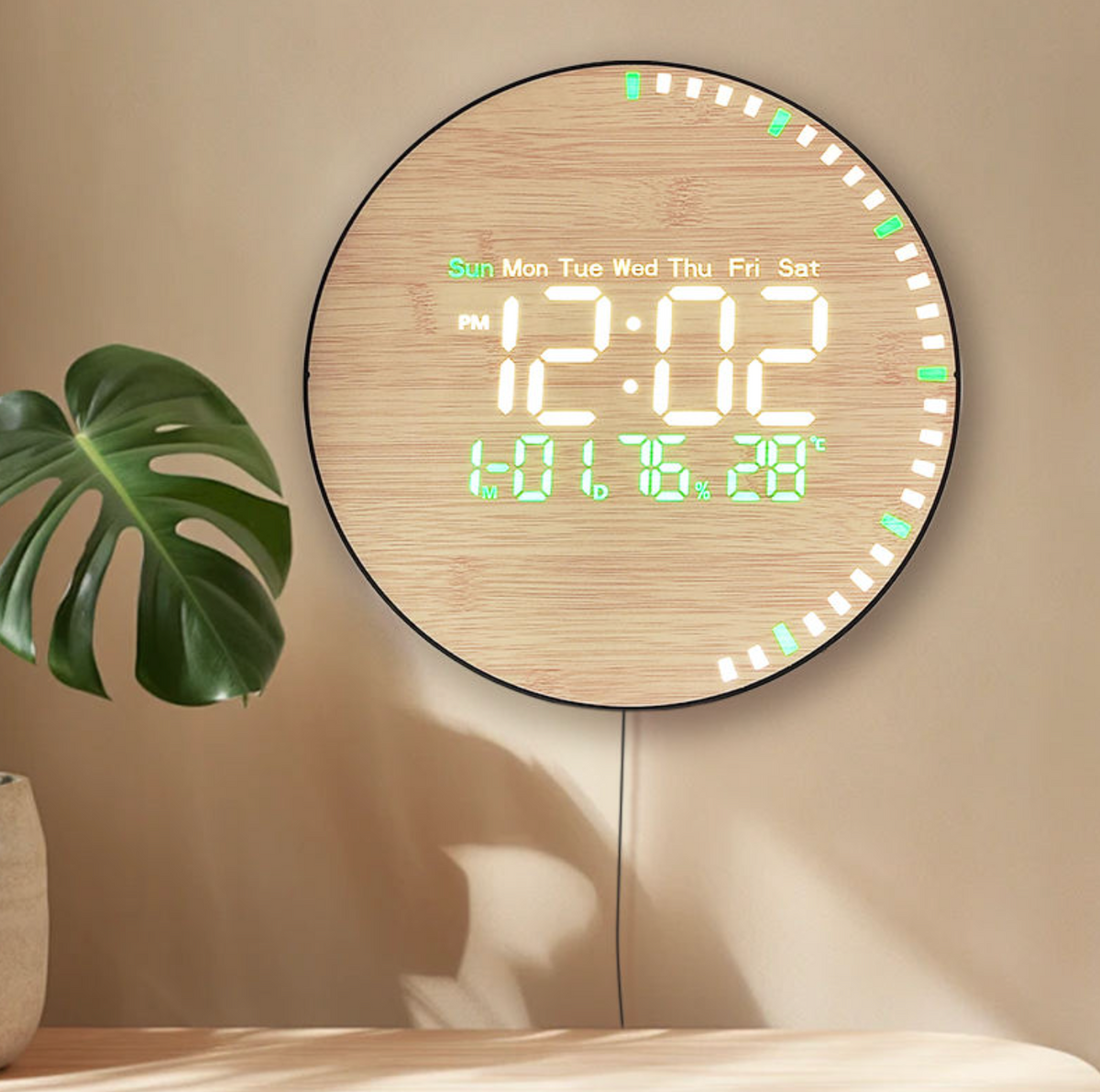 Modern Bamboo Digital Wall Clock with Large LED Display & Remote Control
