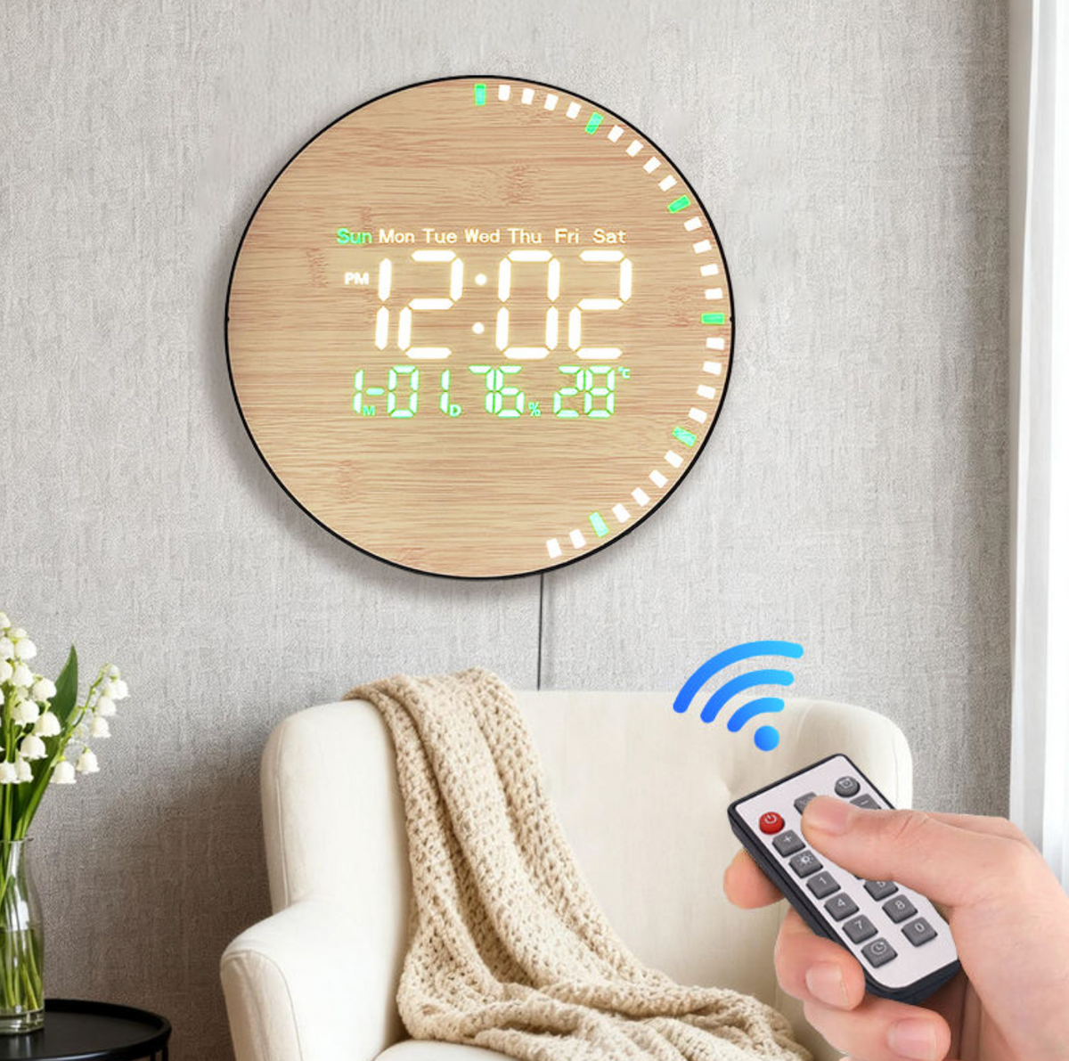 Modern Bamboo Digital Wall Clock with Large LED Display & Remote Control