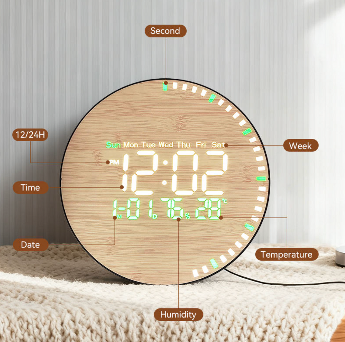 Modern Bamboo Digital Wall Clock with Large LED Display & Remote Control
