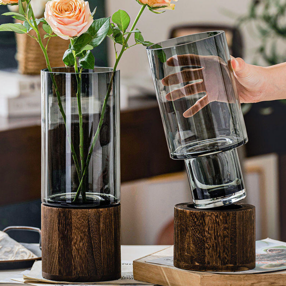 Modern Wooden Tray Glass Vase