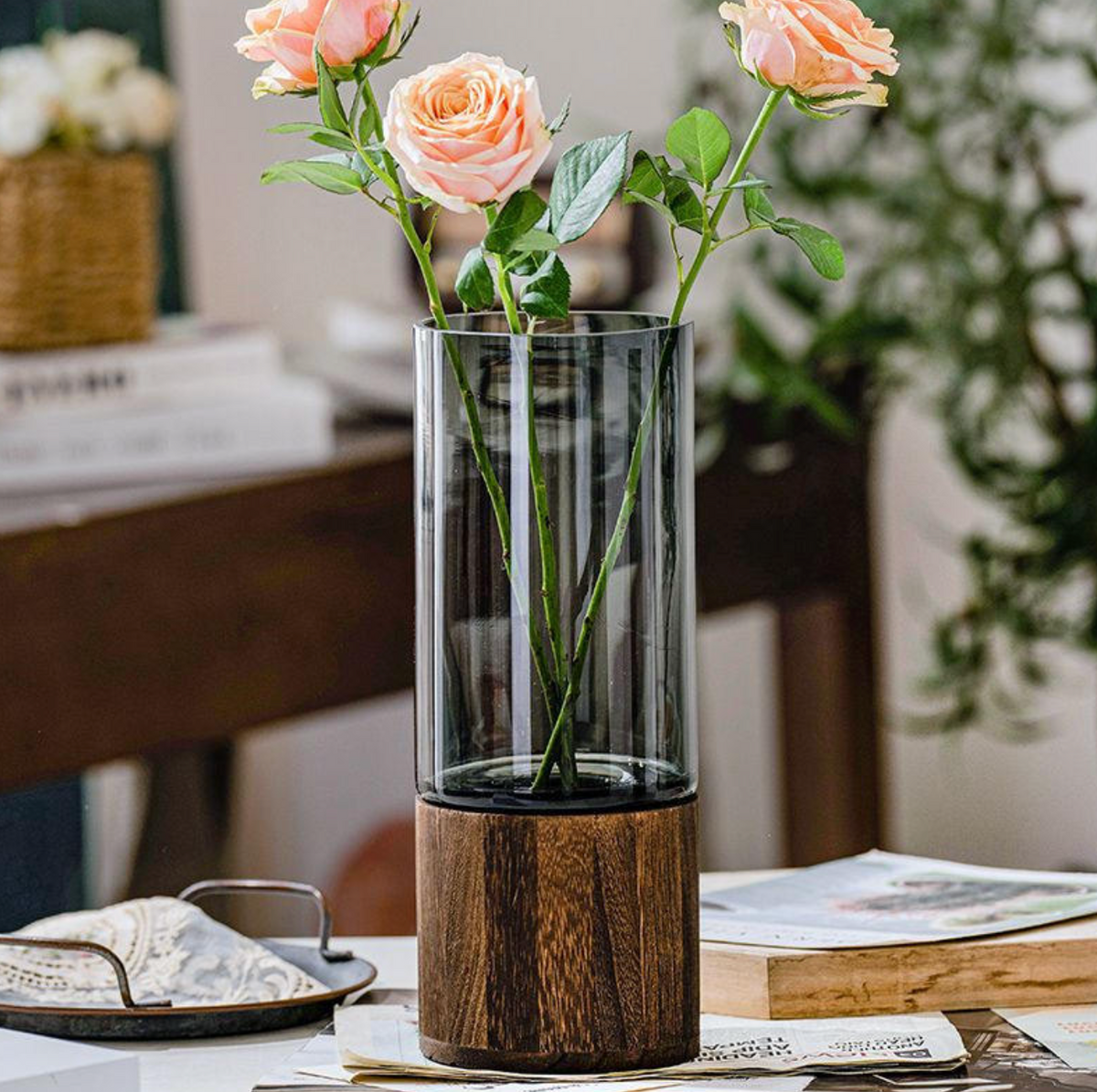 Modern Wooden Tray Glass Vase