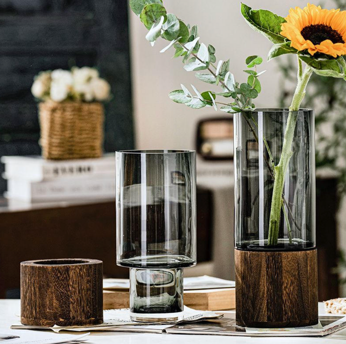 Modern Wooden Tray Glass Vase
